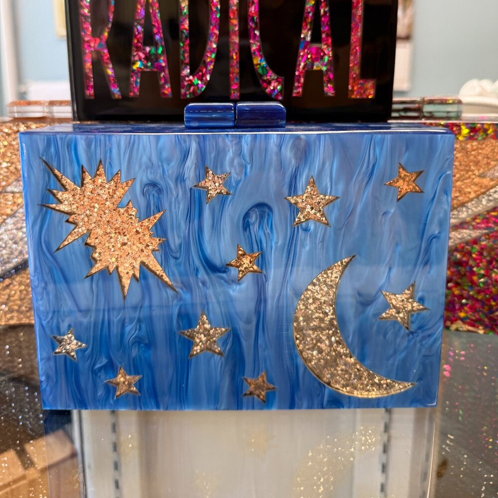 Blue Celestial Glitter Acrylic Clutch - Moon & Stars Wristlet